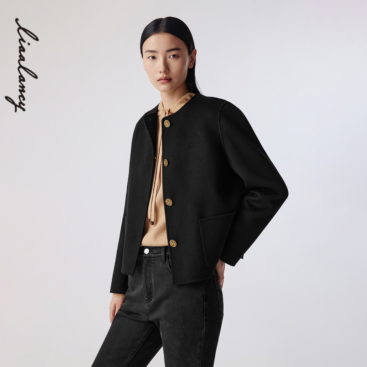 【纯羊毛】LANCY/朗姿2025冬季新款小香风双面呢黑色圆领短外套女,女装/女士精品,短外套,淘宝优惠券,粉丝福利购,淘宝优惠卷