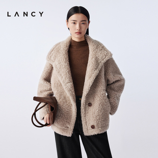 时尚 朗姿2025冬新款 LANCY 颗粒绒短大衣女立领夹克外套 纯羊毛