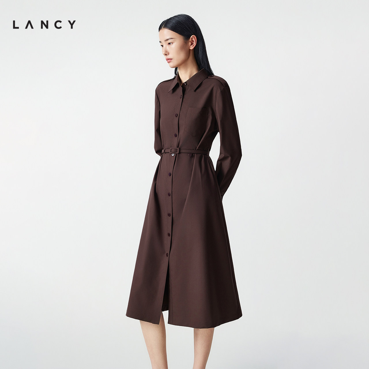 【羊毛蚕丝】LANCY/朗姿冬季新款高级感翻领收腰衬衫连衣裙女长款图片