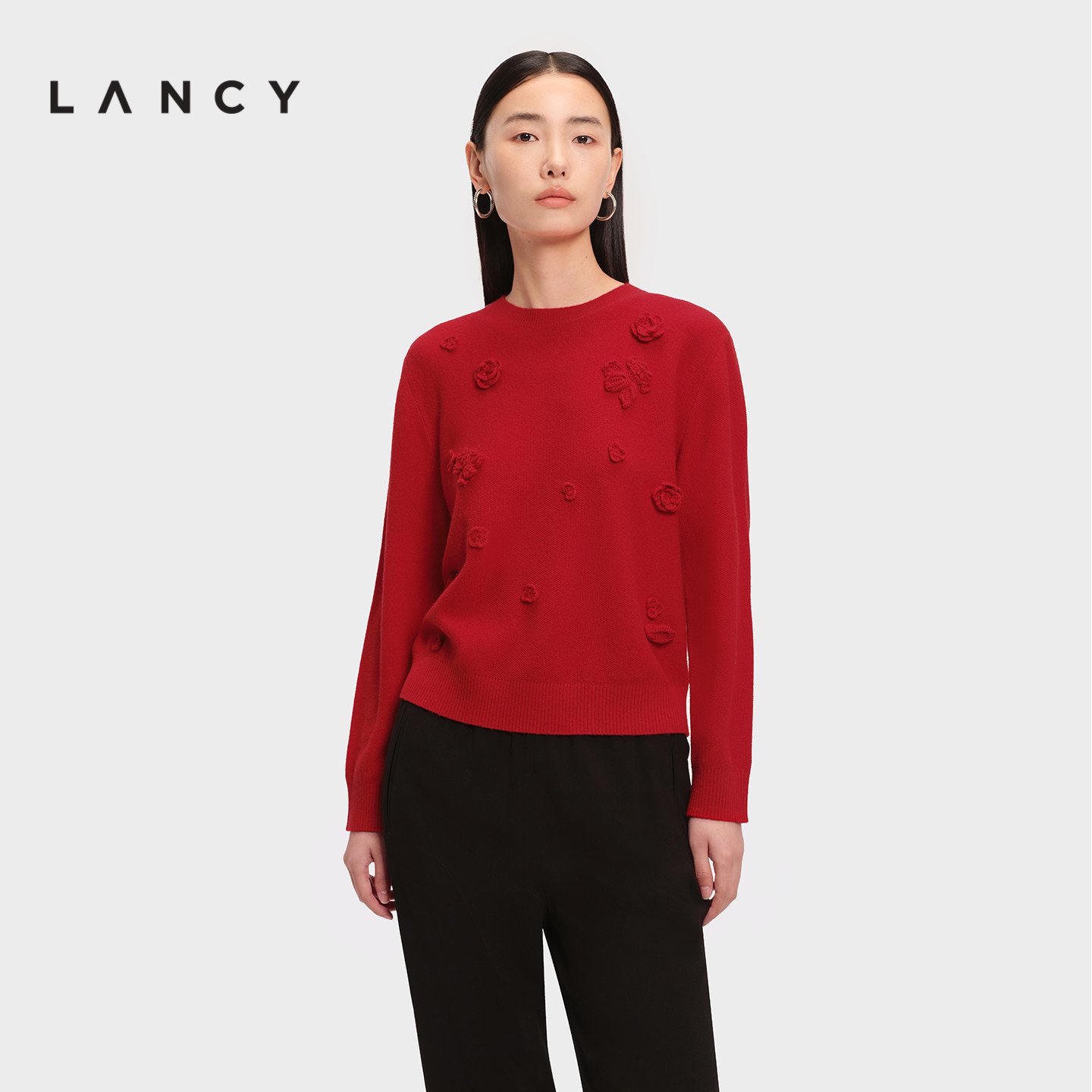 【金玉满棠】LANCY/朗姿2026春季新款羊毛羊绒立体钩花针织衫女
