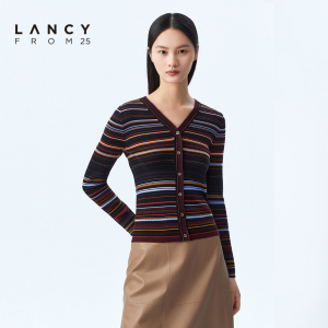 LANCY/朗姿2023秋季新款V领条纹毛针织衫女长袖修身撞色外搭开衫