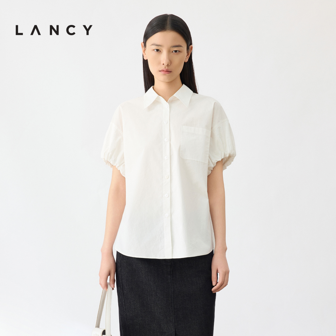 LANCY/朗姿2024夏季法式泡泡袖白衬衫女纯棉短袖通勤气质百搭上衣