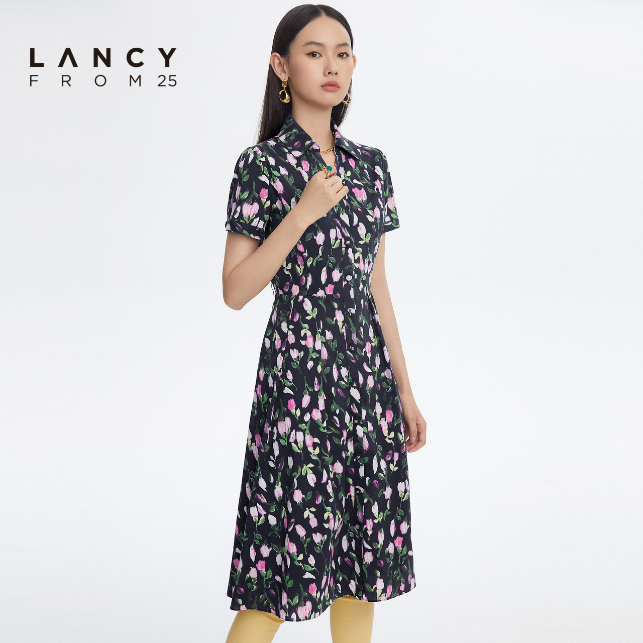 LANCY/悦朗姿女2022夏季新款衬衫领印花短袖连衣裙子女士商场同款