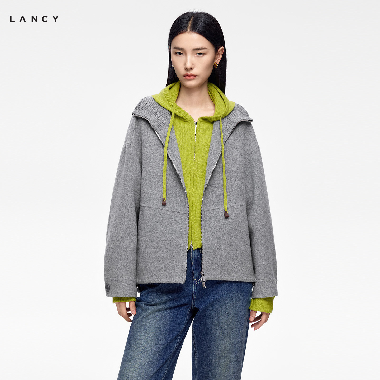【纯羊毛】LANCY/朗姿2026冬季新款松弛感蝙蝠袖翻领毛呢短外套女