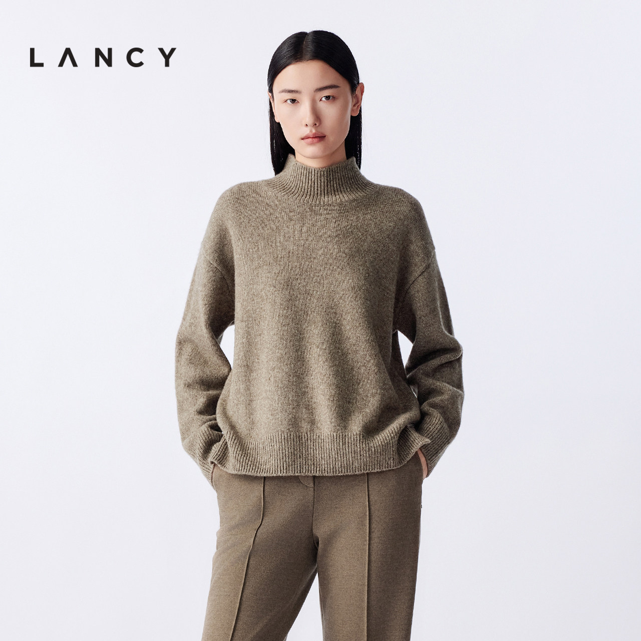 【羊毛耗牛绒】LANCY/朗姿2025冬季新款高领宽松柔软短款毛针织衫