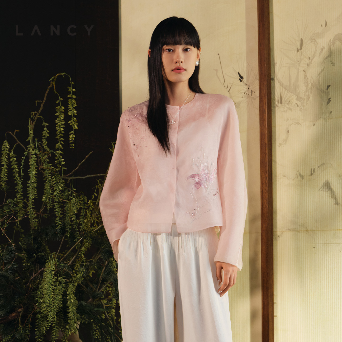 【真丝】LANCY/朗姿2026夏季新款新中式外套国风刺绣圆领短上衣女