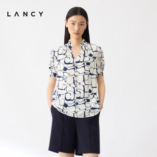 LANCY/朗姿2024夏季真丝几何印花短袖衬衫冰丝通勤设计感上衣女