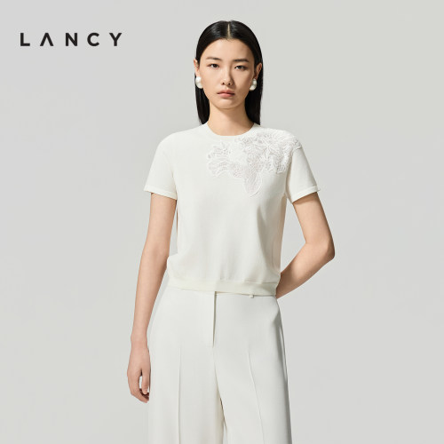 【醋酸棉】LANCY/朗姿2026夏新款气质时尚圆领蕾丝拼接短袖针织衫