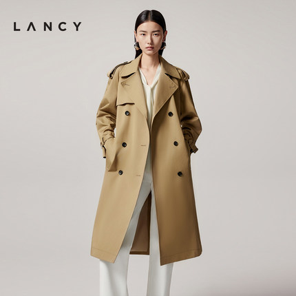 LANCY/朗姿2025年秋新款气质系带双排扣棉感风衣中长款大衣外套女