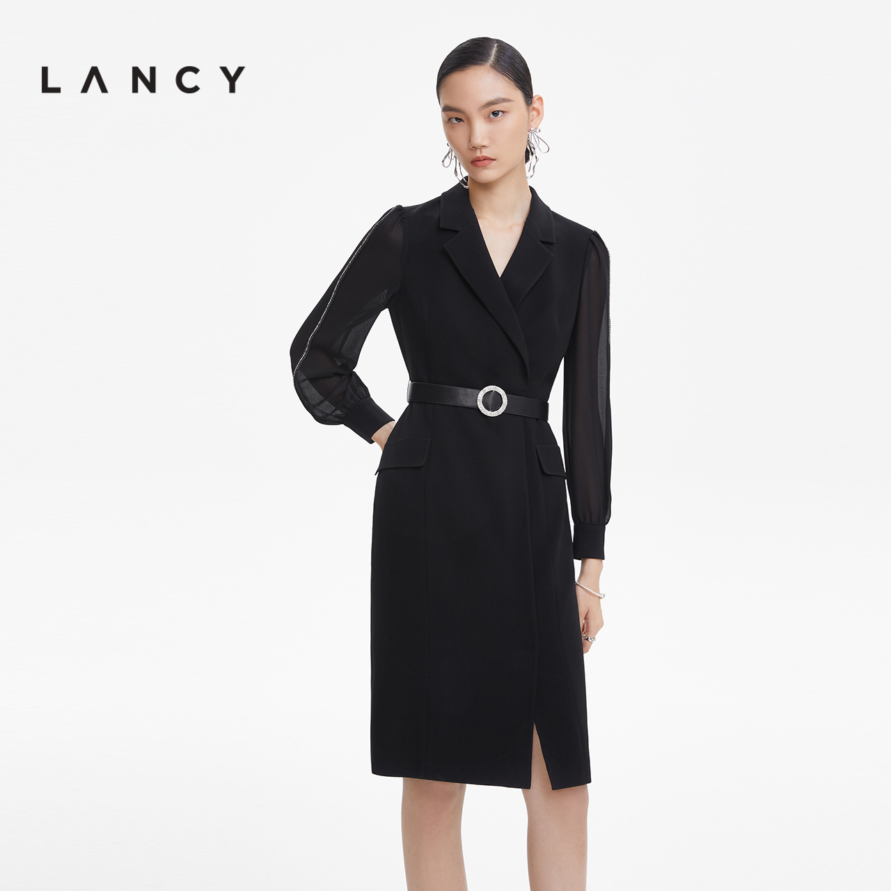 LANCY/朗姿2023春季新款西装连衣裙女小黑裙设计感收腰显瘦女裙子