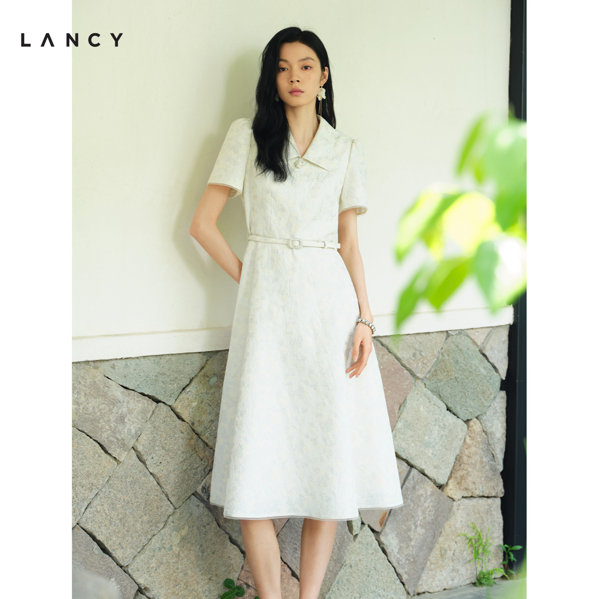 【国风提花】LANCY/朗姿26夏新款高级感刺绣收腰A字气质连衣裙图片