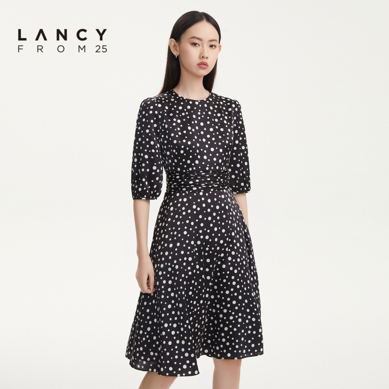LANCY/悦朗姿2022秋季新款真丝波点连衣裙法式半袖圆领收腰裙子女