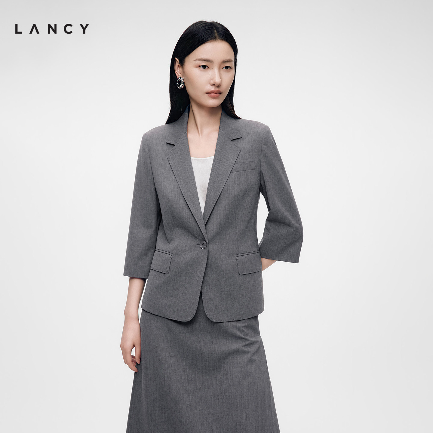 LANCY/朗姿26夏新款羊毛职业通勤收腰西装外套薄款西裤正装套装女