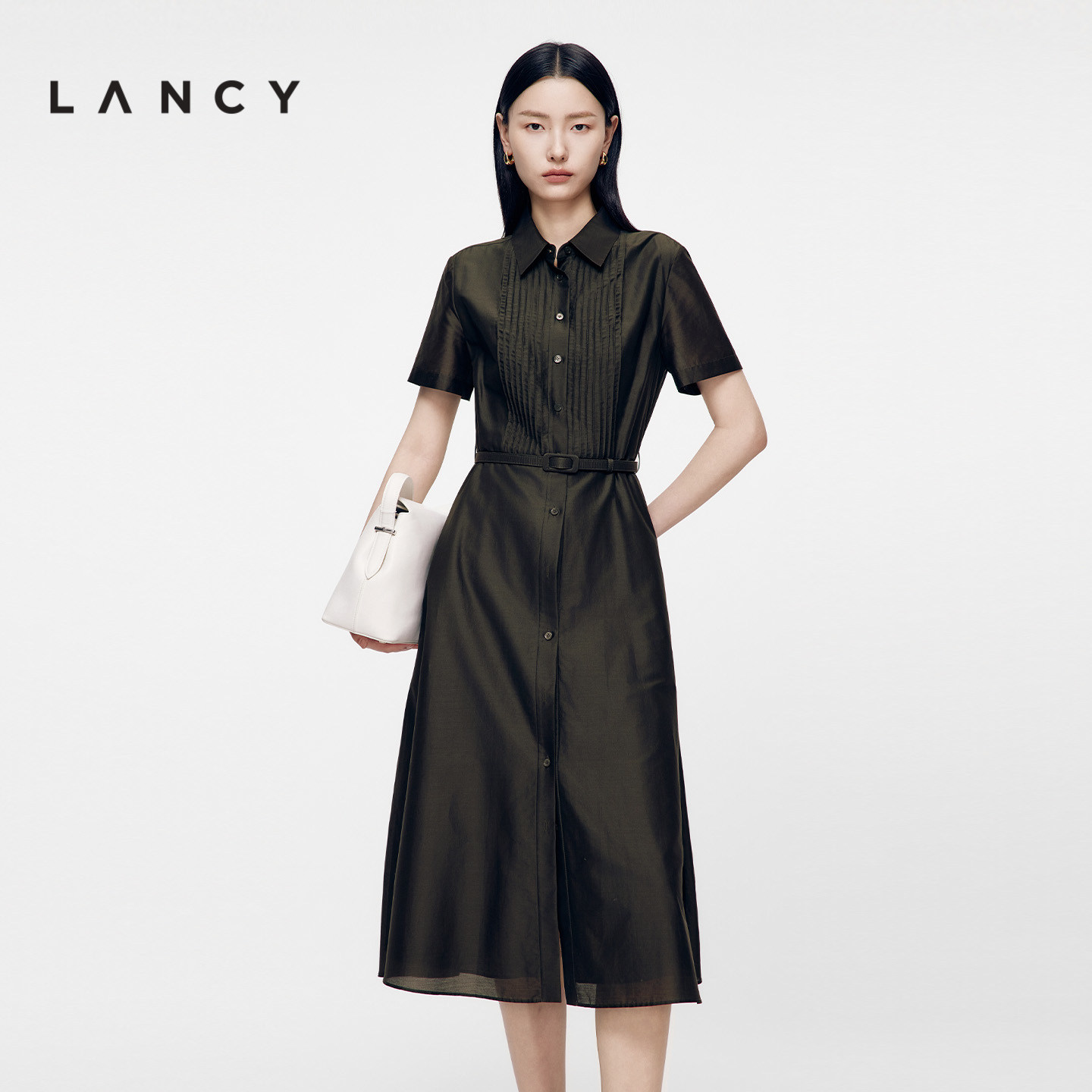 【蚕丝棉】LANCY/朗姿26夏新款端庄大气收腰衬衫中长款通勤连衣裙图片