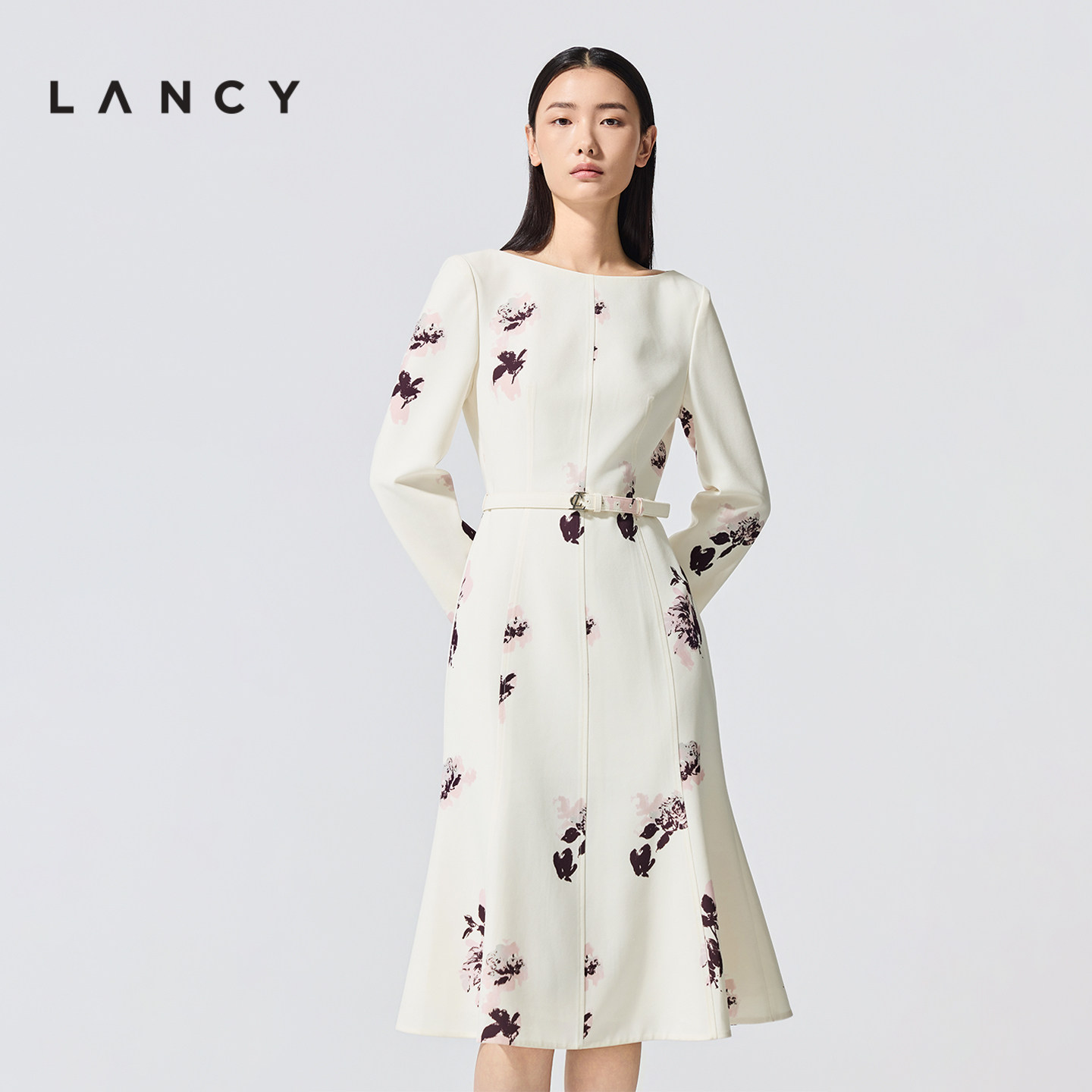 LANCY/朗姿2026春季新款优雅鱼尾印花修身显瘦长袖通勤气质连衣裙图片