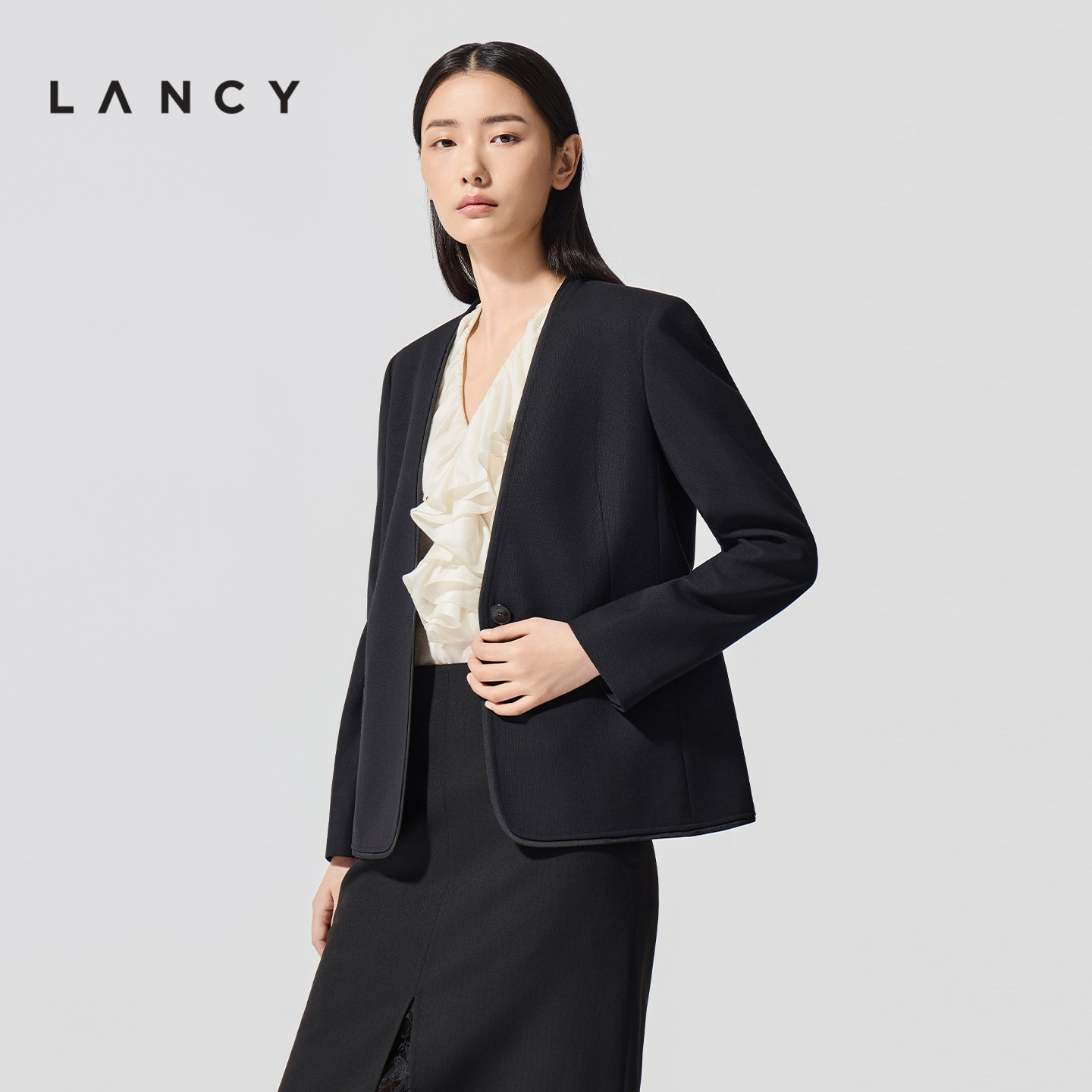 LANCY/朗姿2026春新款简约通勤羊毛无领一粒扣西装外套职业西服女,女装/女士精品,西装,淘宝优惠券,粉丝福利购,淘宝优惠卷