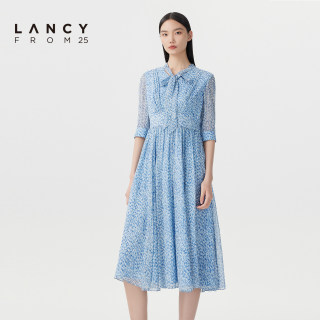 【真丝｜优雅碎花】LANCY/朗姿飘带五分袖收腰连衣裙a字裙子女夏