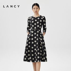 LANCY/朗姿春季新款收腰印花撞色桑蚕丝裙子女法式浪漫连衣裙