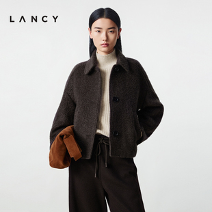 大衣女翻领毛呢外套 复古简约羊毛马海毛短款 LANCY 朗姿2025冬新款