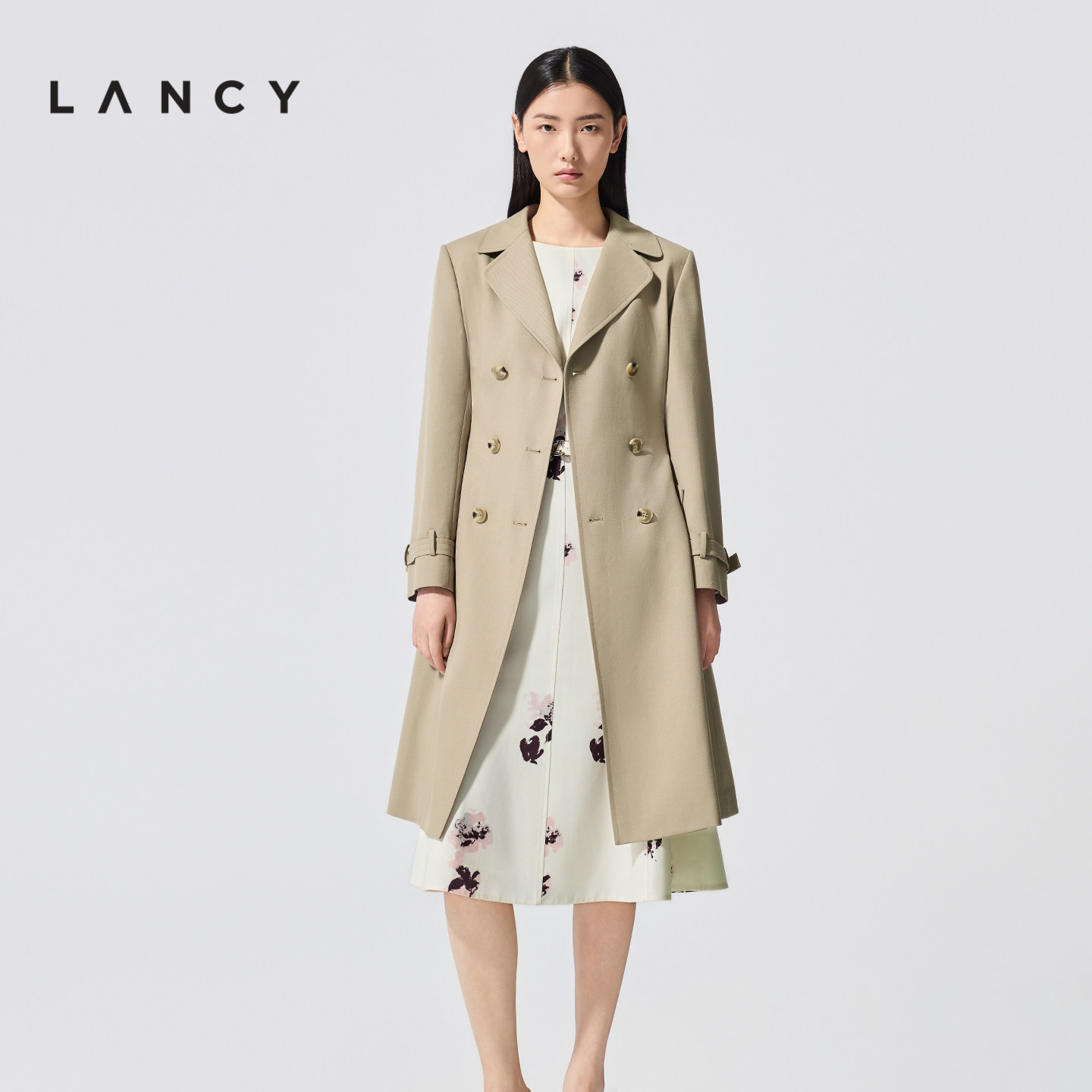 LANCY/朗姿2026春新款气质优雅羊毛腰带收腰风衣A摆中长款外套女