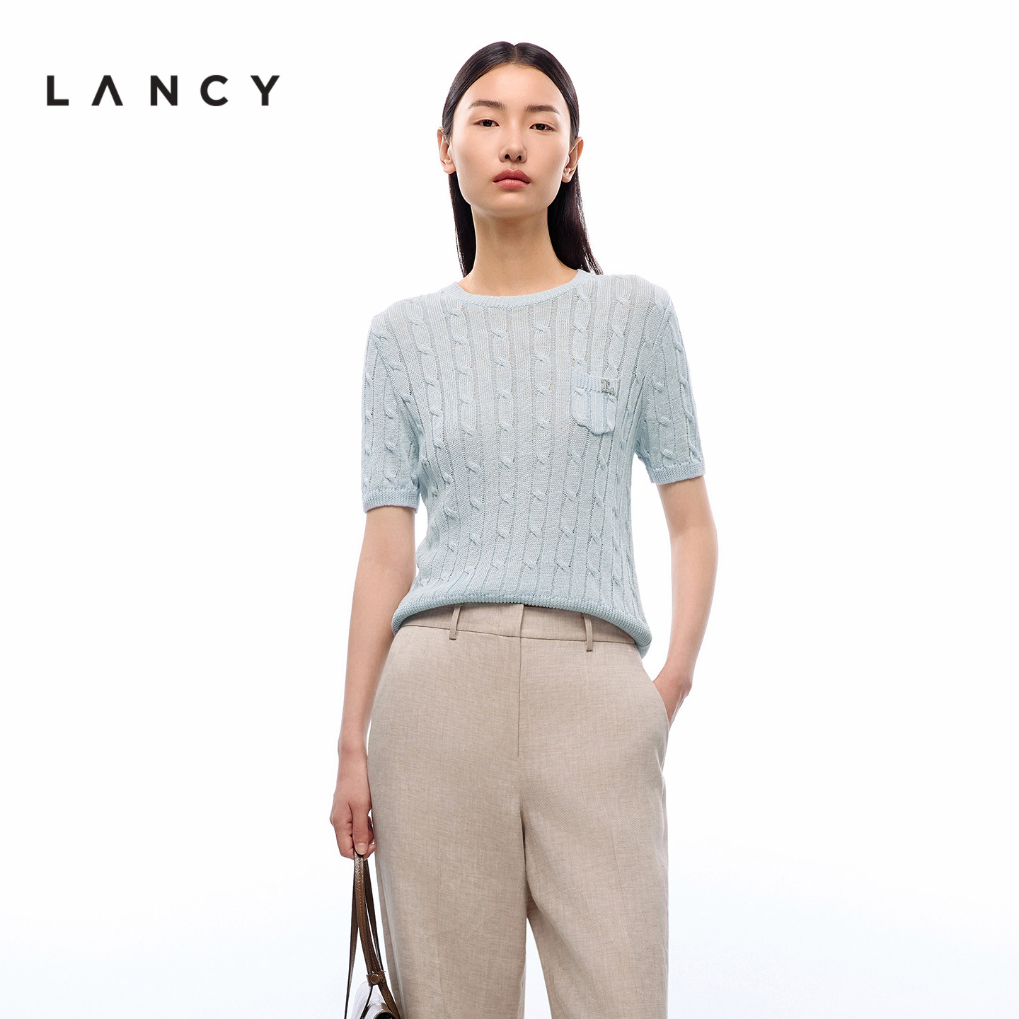 【亚麻】LANCY/朗姿夏季新款气质高级感圆领绞花短袖针织衫T恤女