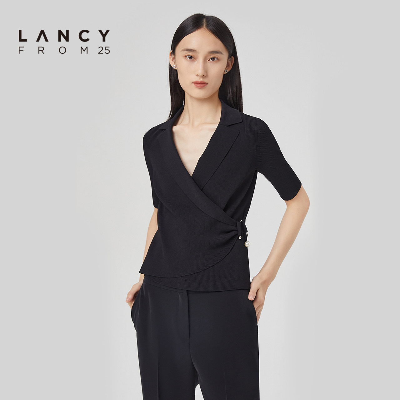 lancy/悦朗姿2023春季新款西装领针织衫女内搭气质高级感毛衣上衣