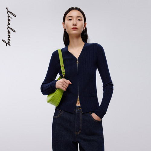 抽条组织 优雅V领 金属拉链