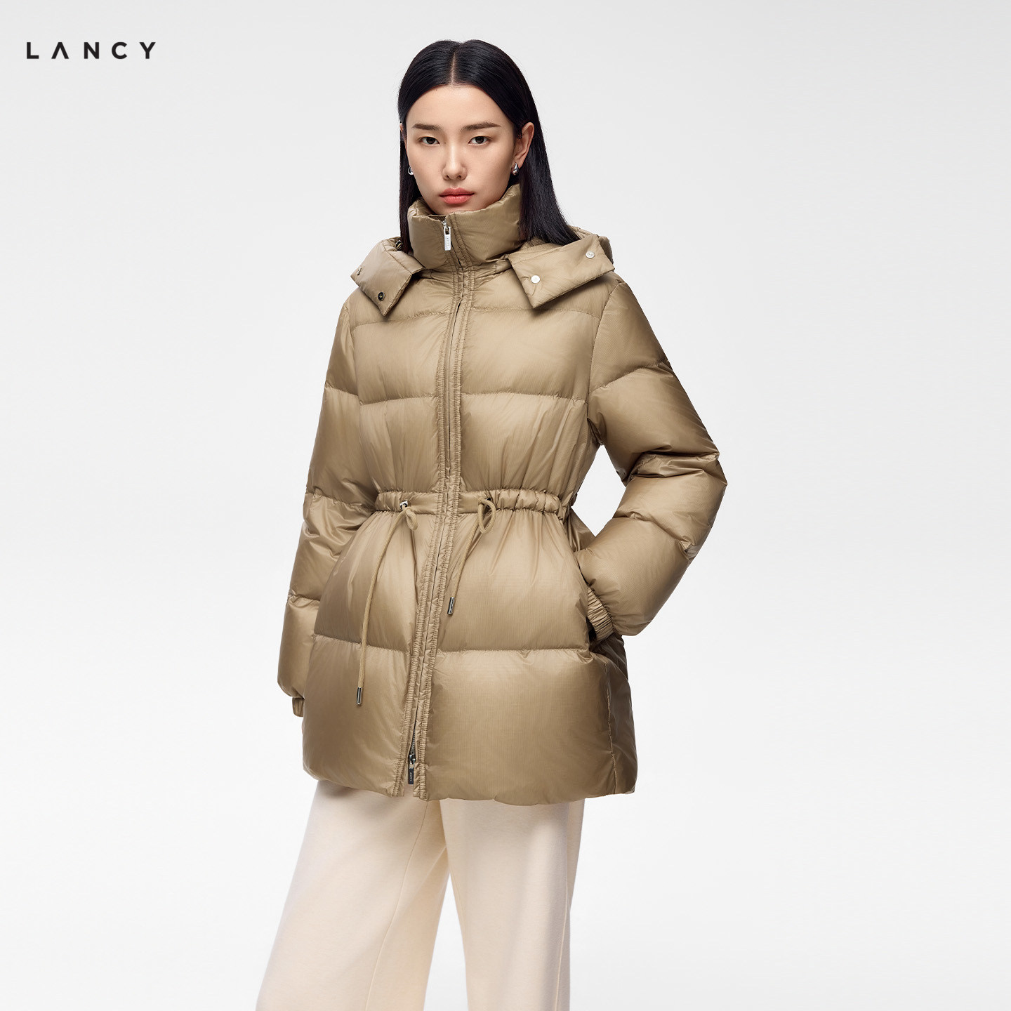 【匈牙利鹅绒】LANCY/朗姿26新款收腰羽绒服女中长款连帽修身显瘦