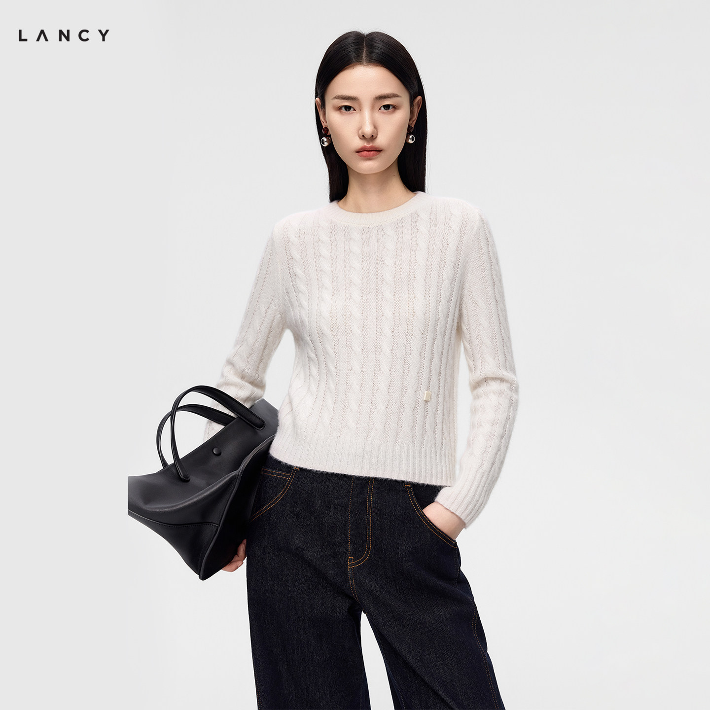 【丝毛羊绒】LANCY/朗姿2026年冬季新款圆领麻花质感白针织衫女