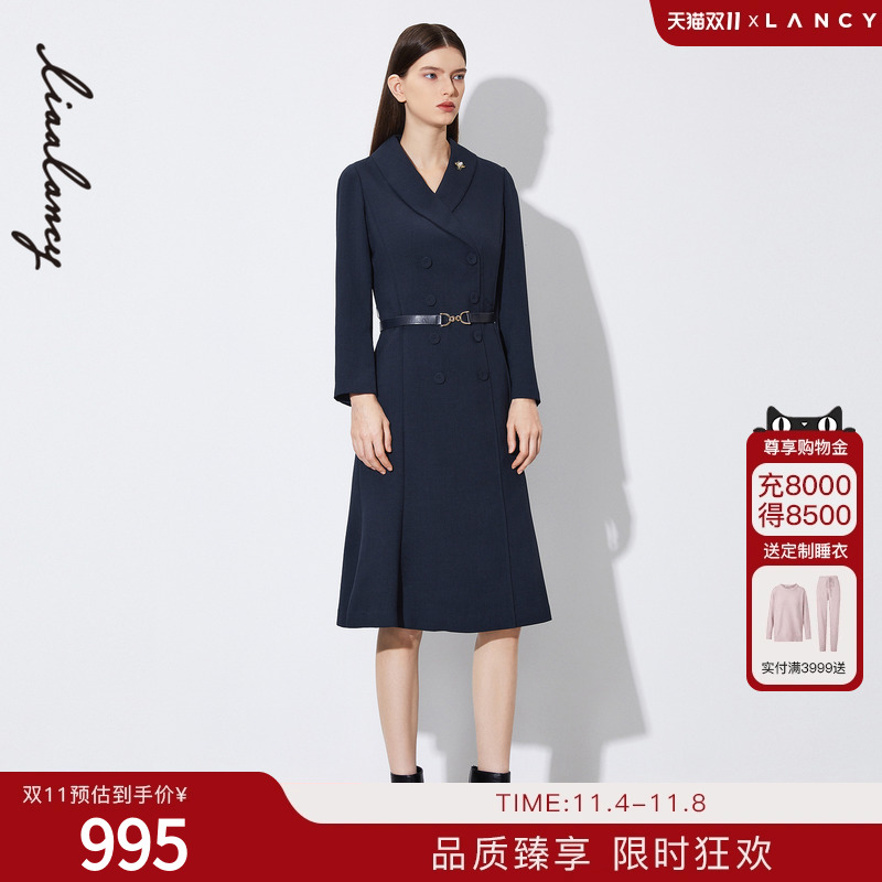 LANCY/朗姿2022年春季连衣裙女中长款收腰显瘦职业高端西装裙