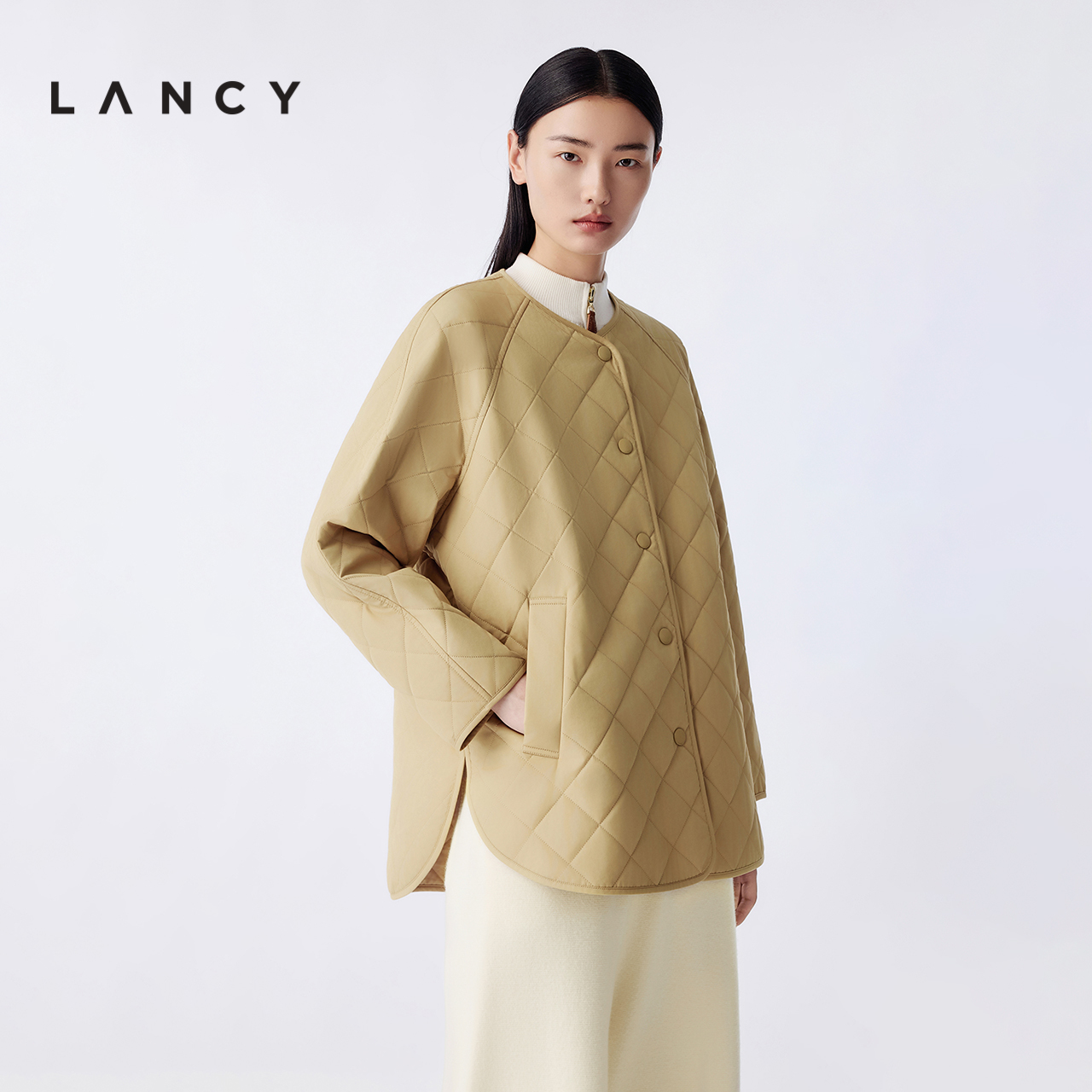 【羊毛羊绒】LANCY/朗姿2025冬新款气质纯棉菱格圆领棉服短外套女