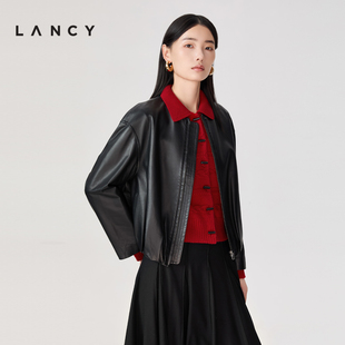 气质简约羊皮革圆领抽褶皮衣夹克短外套女 新款 LANCY 朗姿2026春季