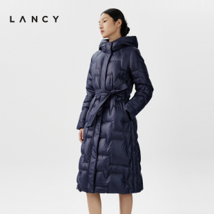 LANCY 新款 连帽白鹅绒过膝收腰羽绒服女宽松中长款 高级 朗姿秋冬季