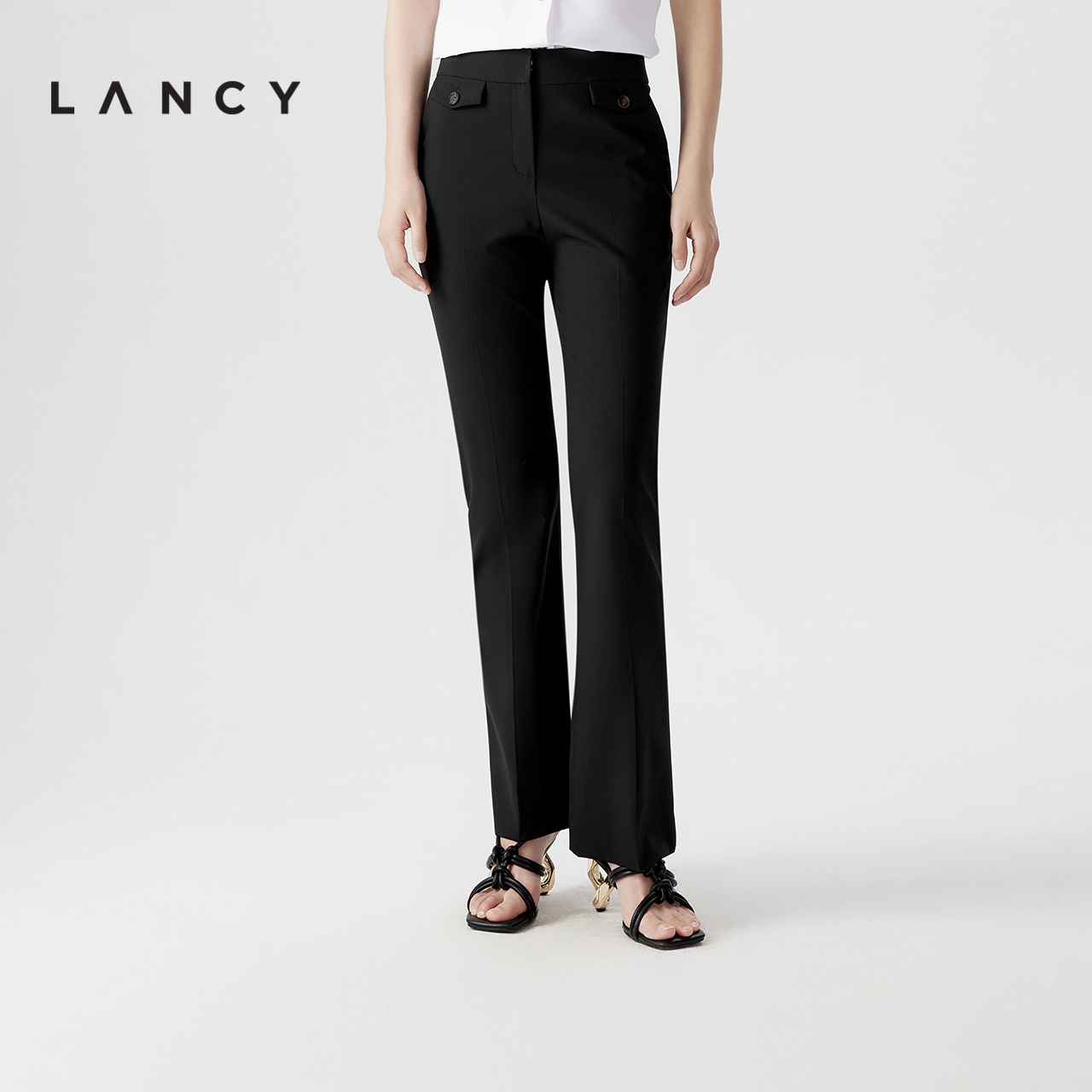 LANCY/朗姿2024夏季新款黑色修身显瘦直筒西装裤女士高腰通勤裤子