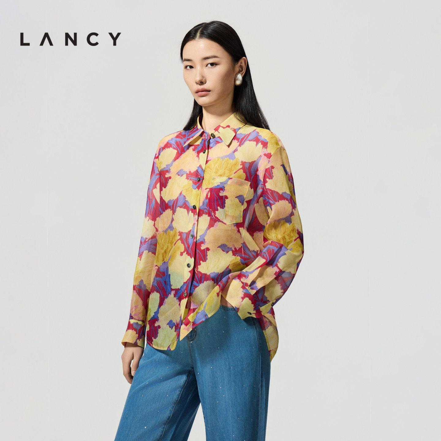 【真丝】LANCY/朗姿2026夏季新款法式印花度假风衬衫鲜艳浪漫