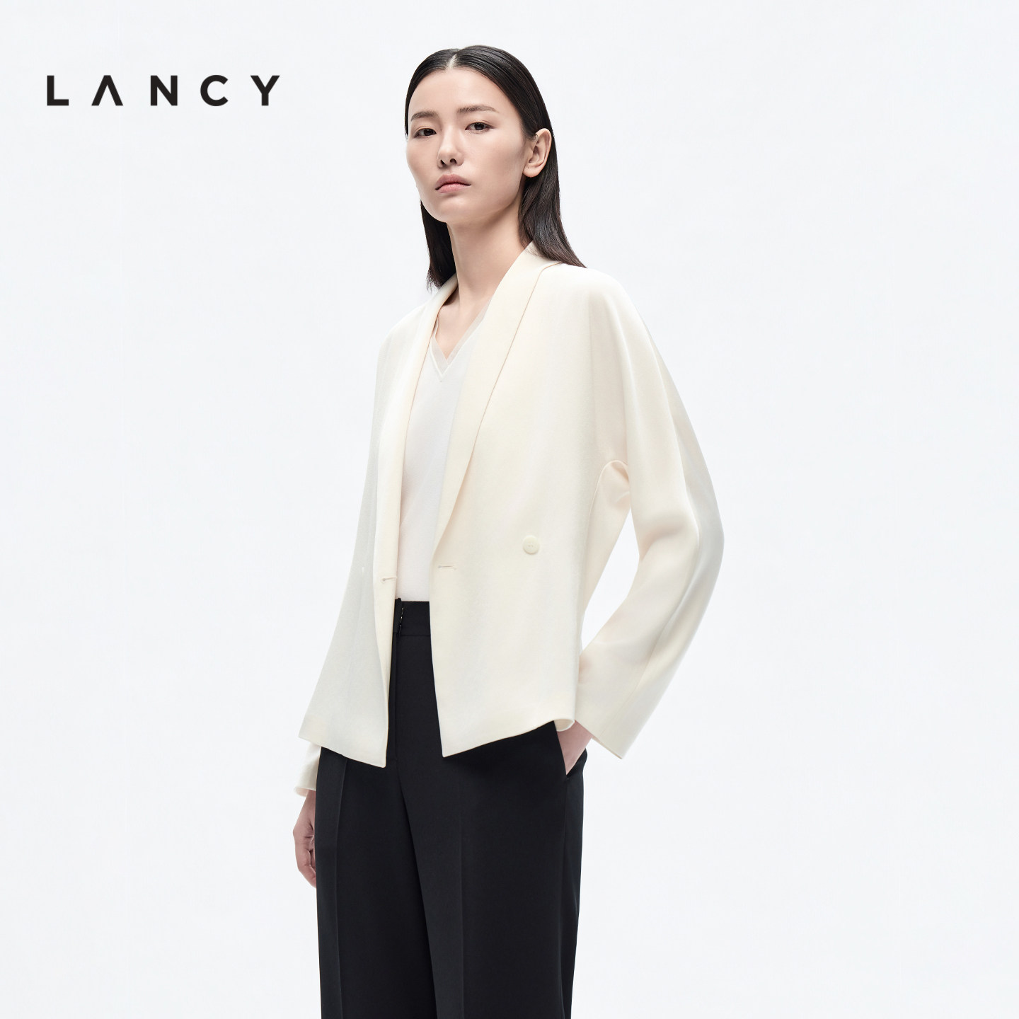 【三醋酸】LANCY/朗姿2026夏季新款通勤V字翻领交叠收腰西装外套