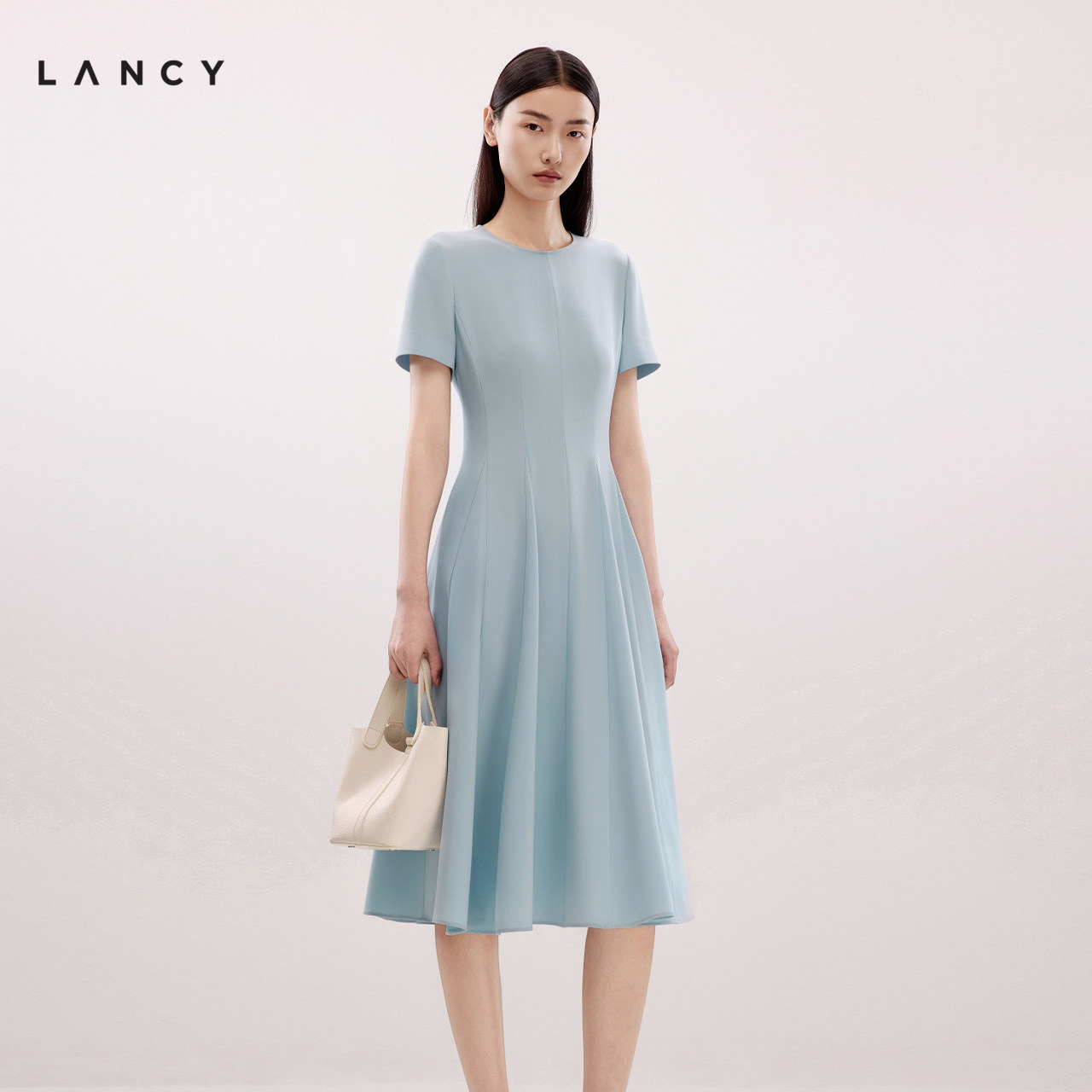 【醋酸】LANCY/朗姿2025夏季新款法式收腰A字气质短袖显瘦连衣裙