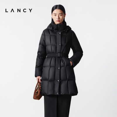 【匈牙利白鹅绒】LANCY/朗姿2025冬新款气质收腰连帽中长款羽绒服