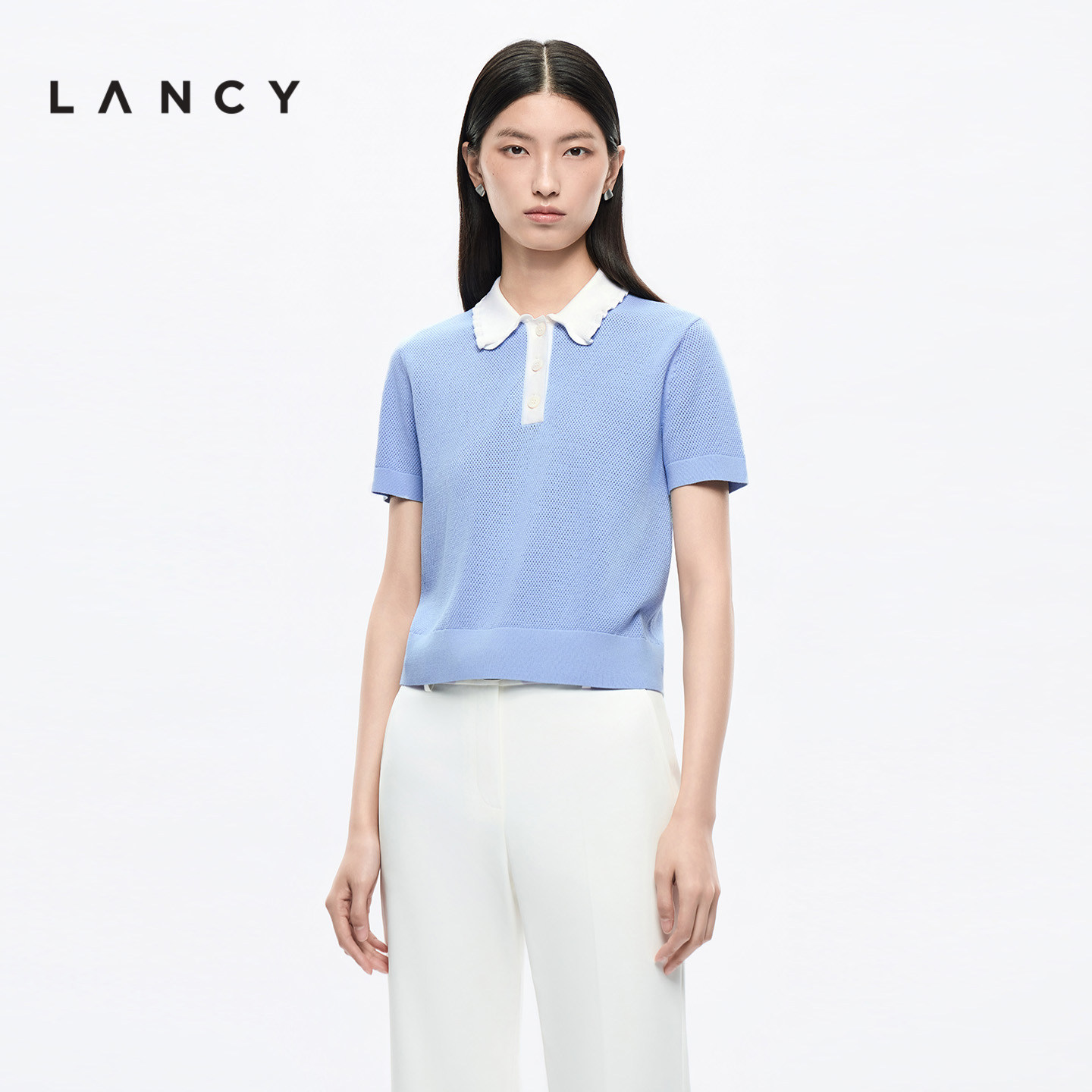LANCY/朗姿2026夏季新款气质复古娃娃领短袖上衣撞色镂空针织衫女图片