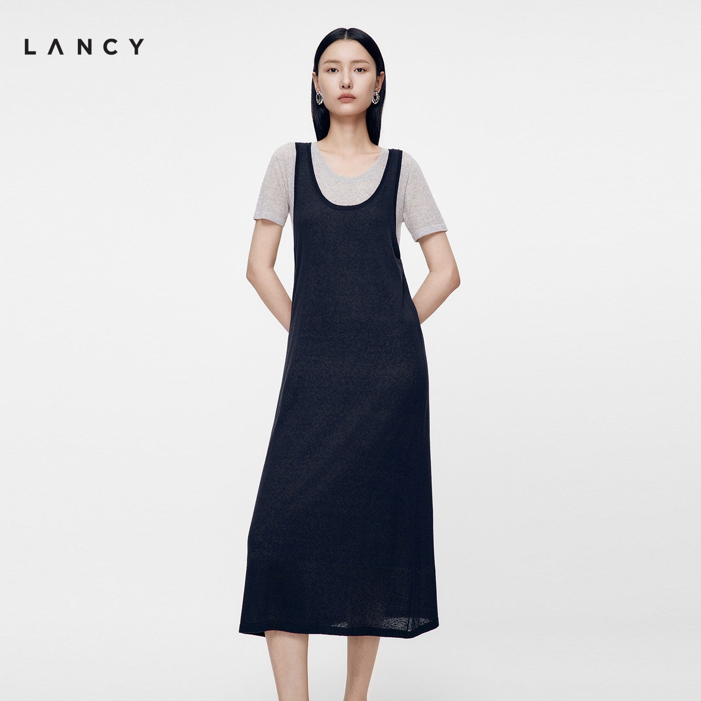【棉麻】LANCY/朗姿2026夏季款高端气质真两件短袖叠穿连衣裙女