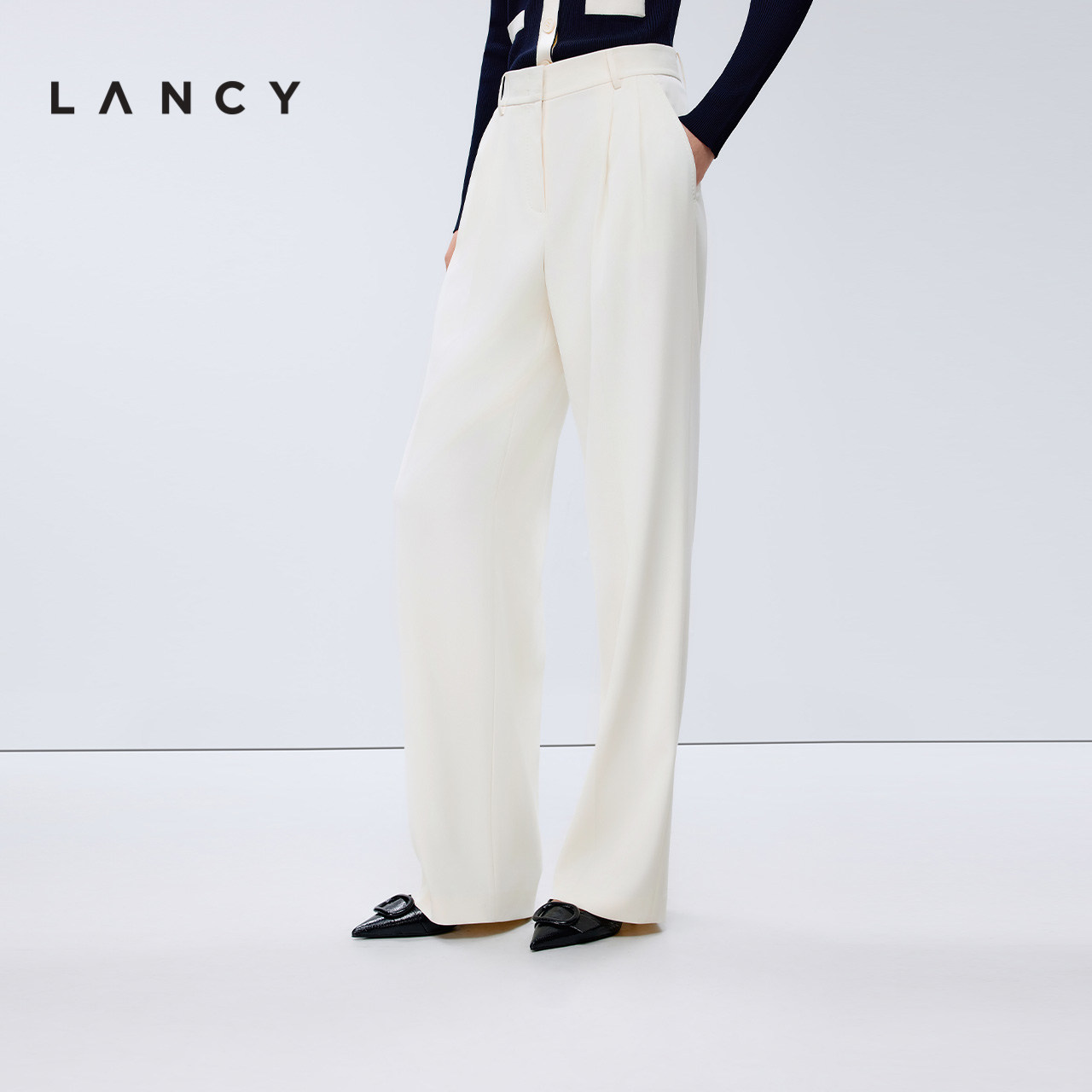 LANCY/朗姿2025年夏新款时尚通勤高腰直筒阔腿西装裤白色休闲裤女