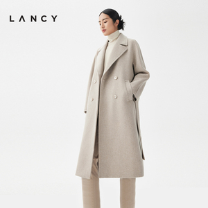 LANCY/朗姿2023秋冬新款修身中长款毛呢外套肌理感高端羊绒大衣女