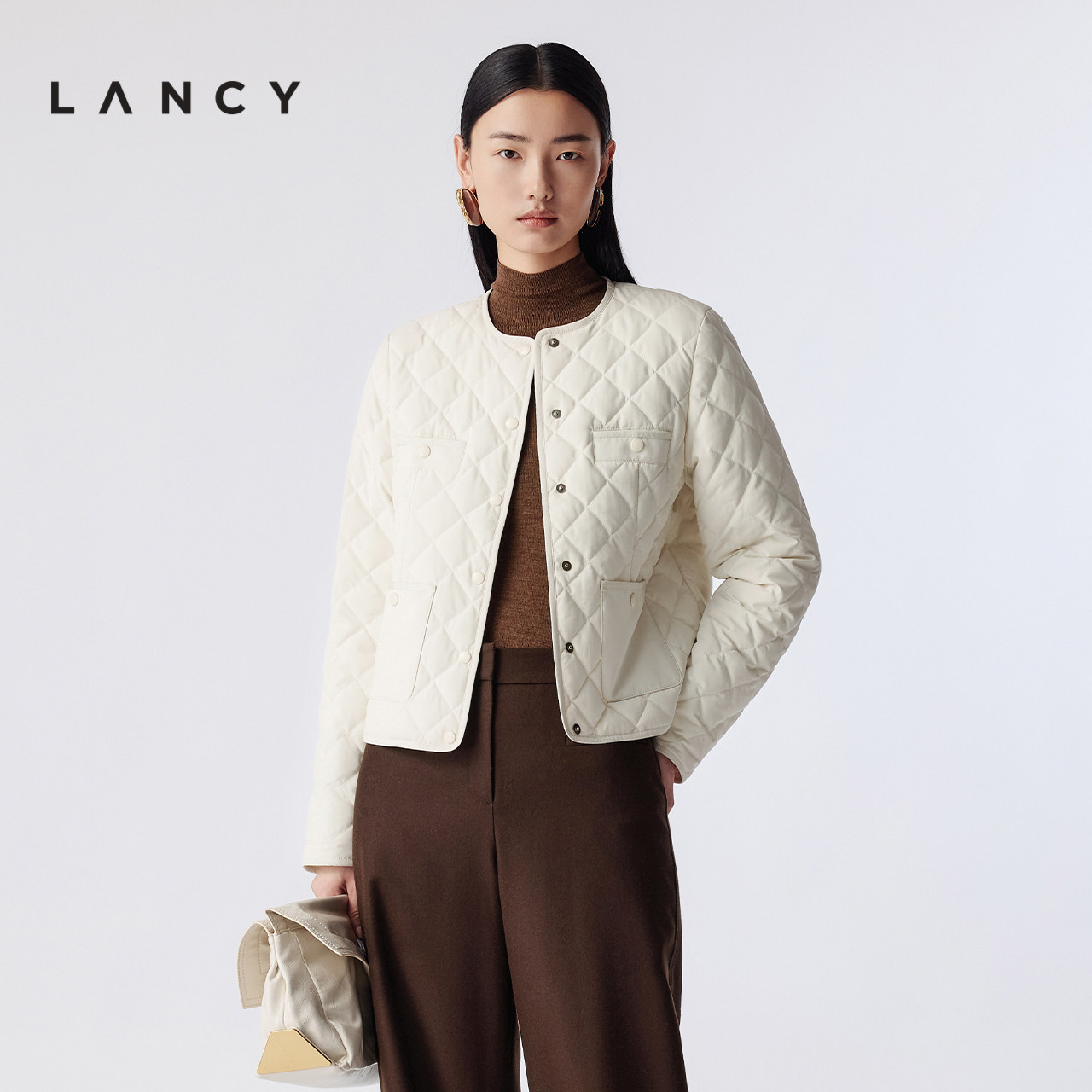 LANCY/朗姿2025冬新款简约百搭菱格棉服短外套女高级白色轻薄棉衣