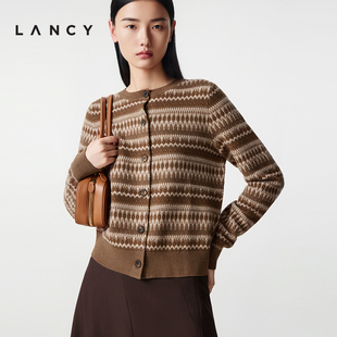 朗姿2025冬新复古费尔岛针织开衫 LANCY 女圆领提花上衣 纯羊毛