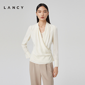 真丝 LANCY 朗姿春季 桑蚕丝白色衬衫 收腰显瘦通勤职业衬衣女