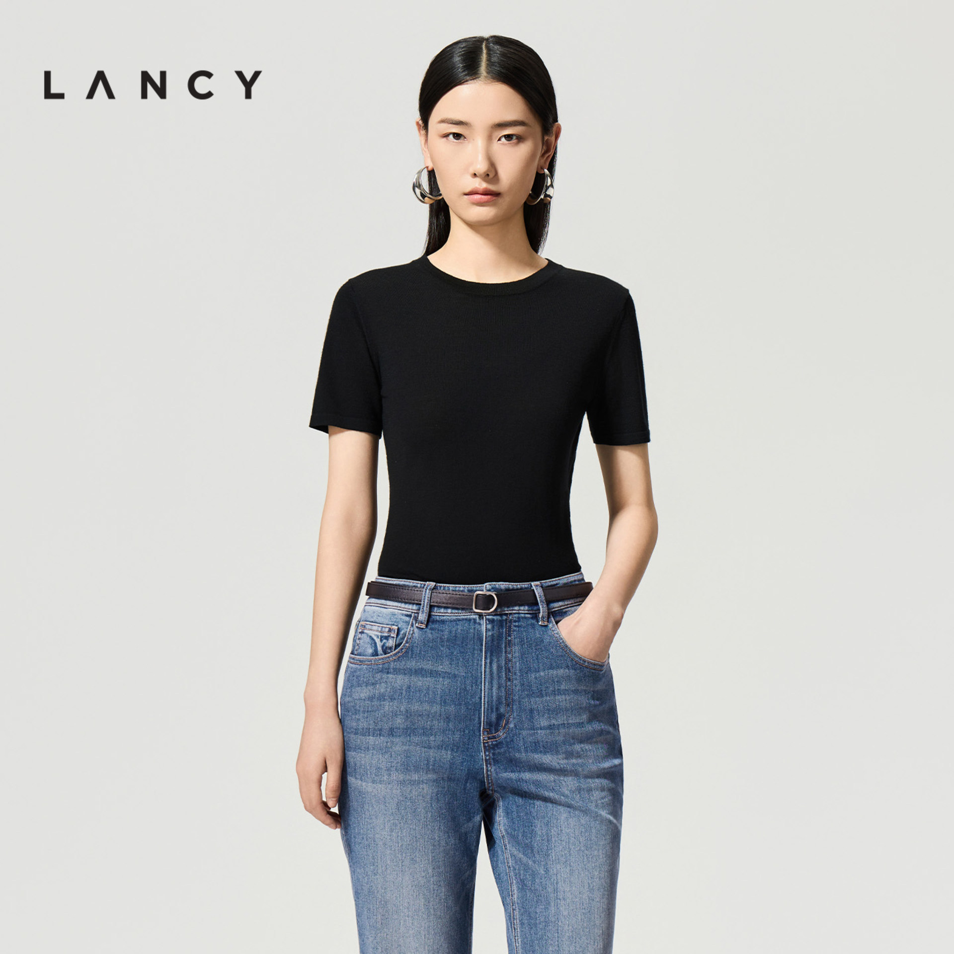 【纯羊毛】LANCY/朗姿2026夏新款简约百搭圆领修身多色短袖针织衫