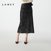 LANCY 直筒半裙 朗姿2025冬新款 重工亮片直筒开叉半身裙高级感时尚