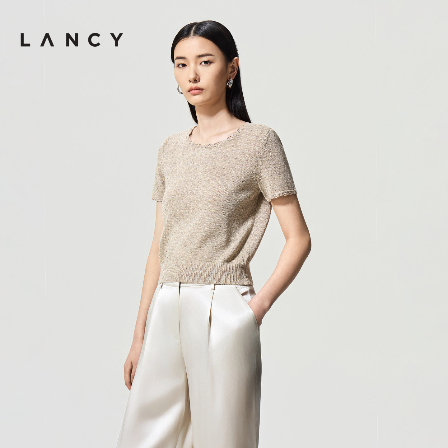 【秀场同款丨亚麻羊毛】LANCY/朗姿26夏新款老钱风亮片短袖针织衫