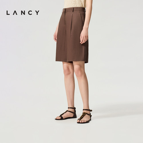 【秀场同款丨亚麻】LANCY/朗姿26夏新款老钱风高腰阔腿休闲短裤女