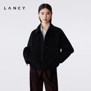 LANCY/朗姿2025冬新款气质翻领短款毛呢大衣黑色高级感休闲外套女
